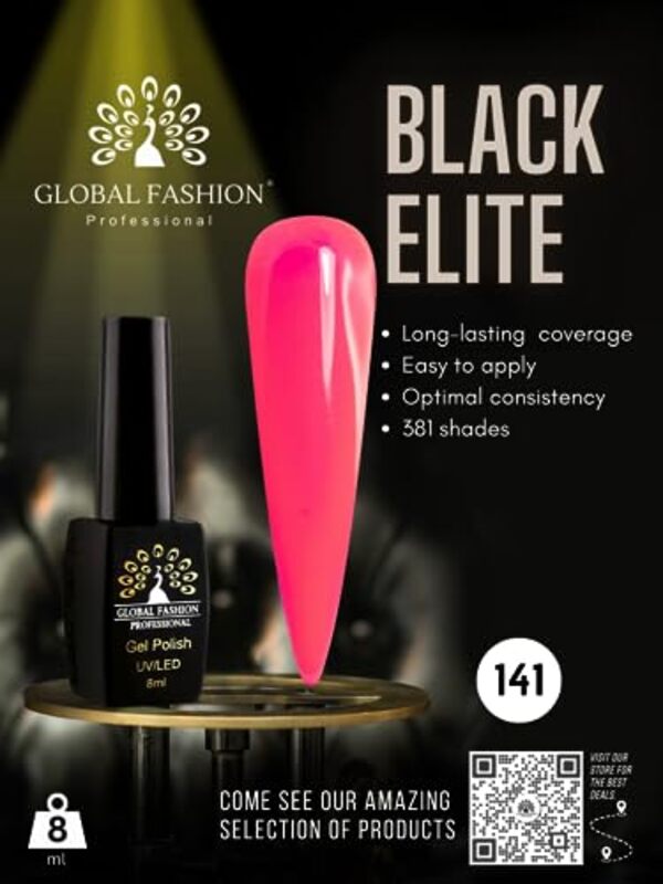 Global Fashion Professional Black Elite Gel Nail Polish, 8ml, 141, Pink