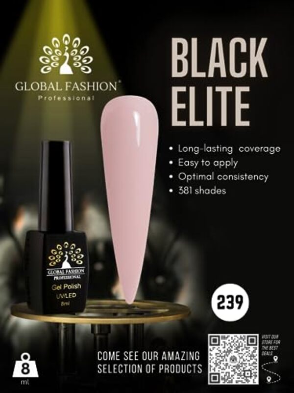 Global Fashion Professional Black Elite Gel Nail Polish, 8ml, 239, Pink