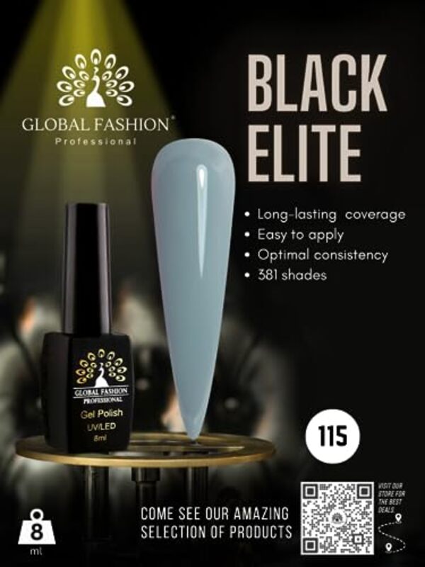 Global Fashion Professional Black Elite Gel Nail Polish, 8ml, 115, Grey