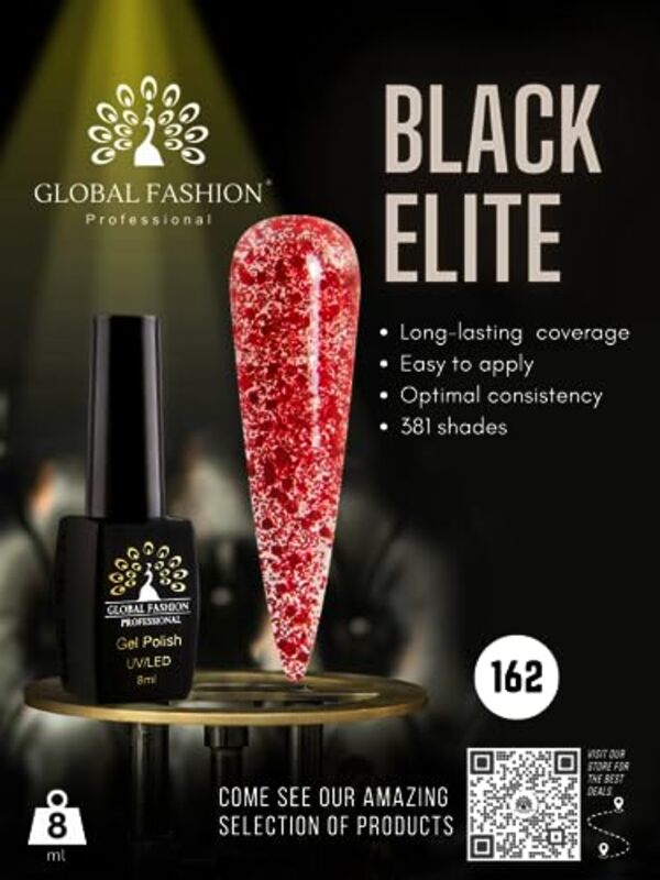 Global Fashion Professional Black Elite Gel Nail Polish, 8ml, 162, Red