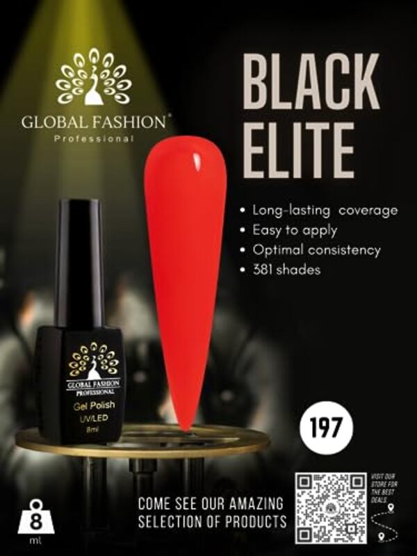 Global Fashion Professional Black Elite Gel Nail Polish, 8ml, 197, Red