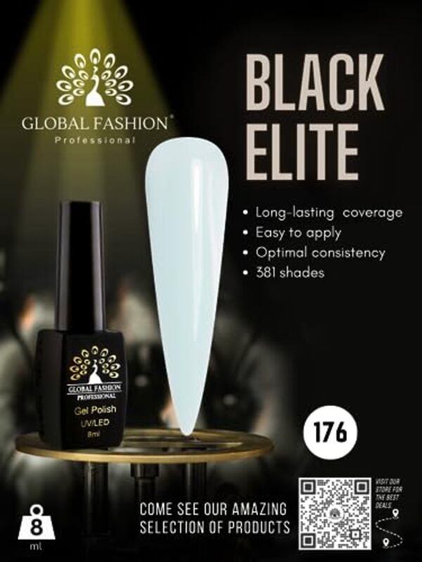 Global Fashion Professional Black Elite Gel Nail Polish, 381 Colors of Long-Lasting Elegance, 8ml, 176, Blue