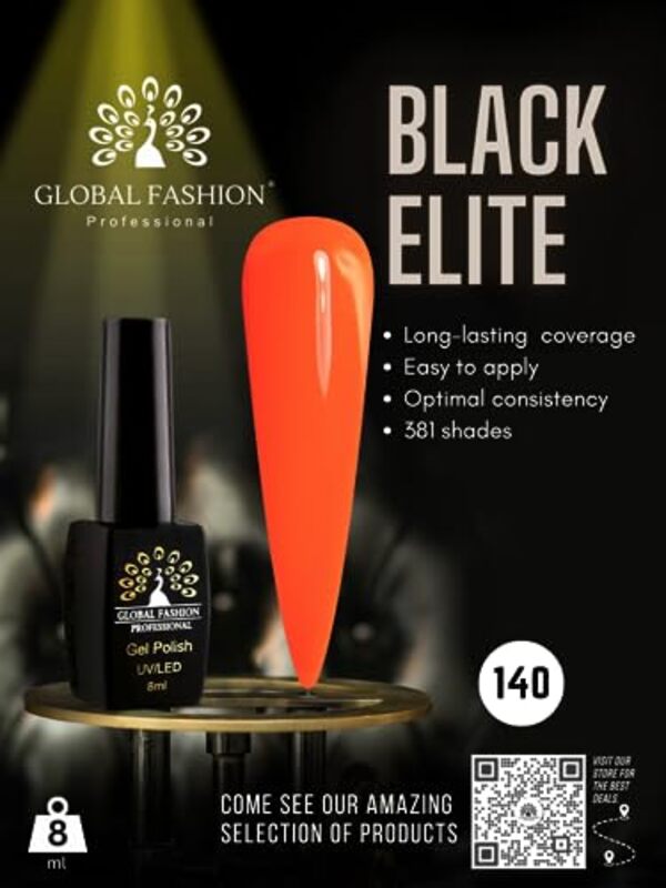 Global Fashion Professional Black Elite Gel Nail Polish, 8ml, 140, Orange