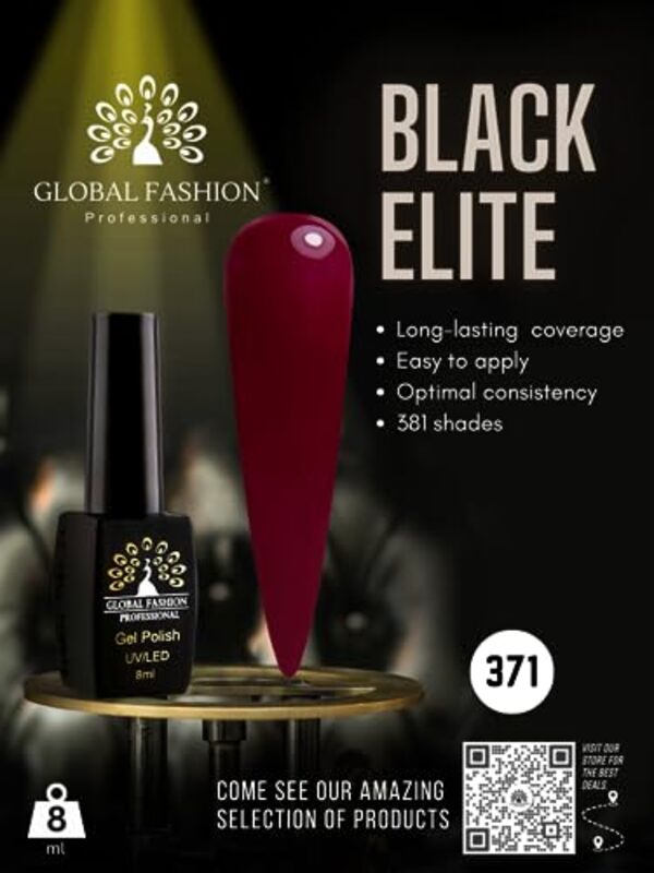 Global Fashion Professional Black Elite Gel Polish, 8ml, 371, Red