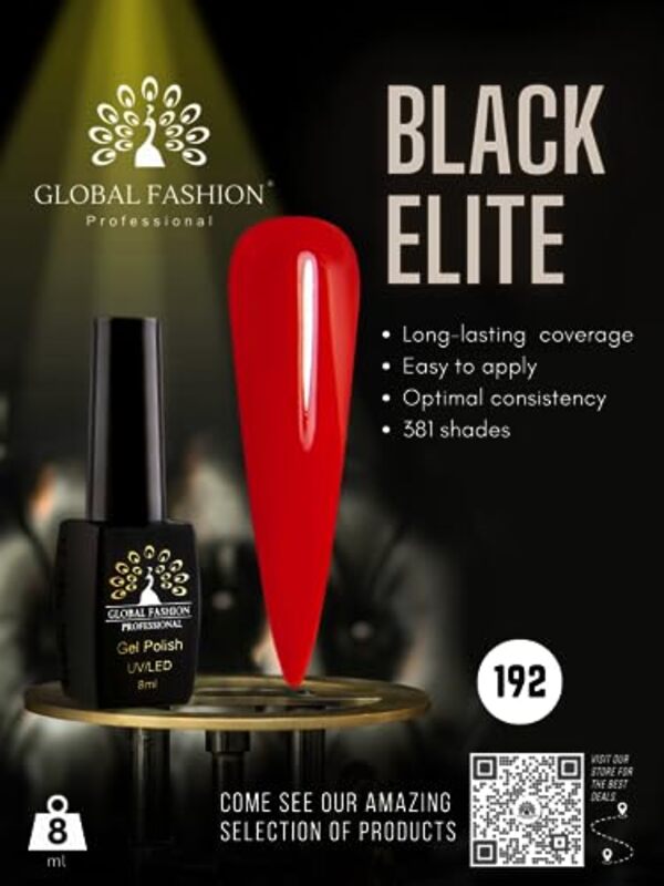 Global Fashion Professional Black Elite Gel Nail Polish, 8ml, 192, Red