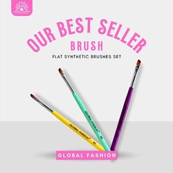Global Fashion Professional Flat Synthetic Nail Art Brush Set, 3 Pieces, Multicolour