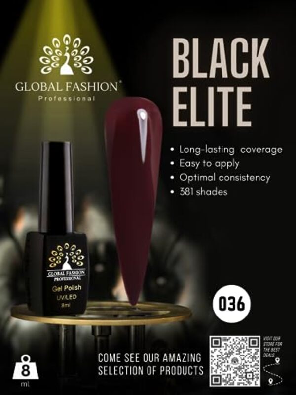 Global Fashion Professional Black Elite Gel Nail Polish, 8ml, 036, Brown