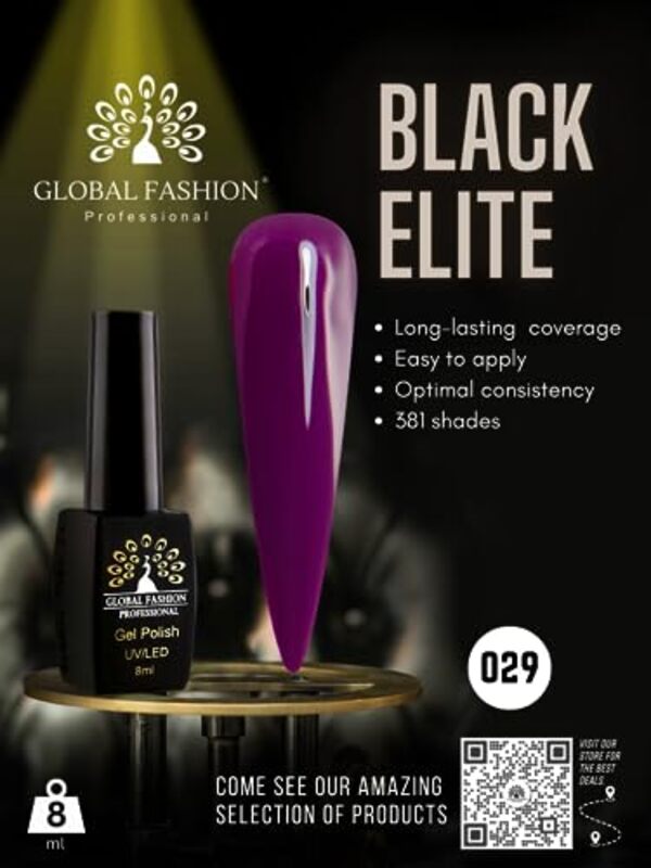 Global Fashion Professional Black Elite Gel Nail Polish, 8ml, 029, Purple