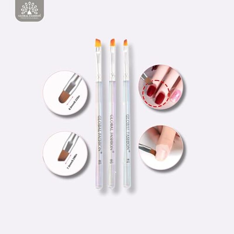 Global Fashion Professional Gel Nail Flat Synthetic Brush Set, 3 Pieces, Clear