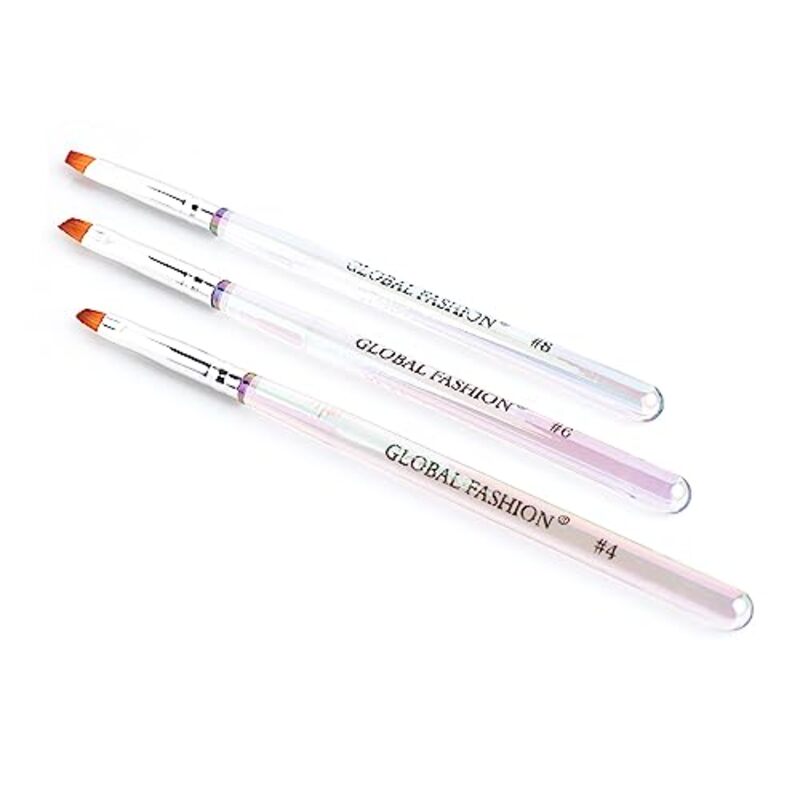 Global Fashion Professional Gel Nail Flat Synthetic Brush Set, 3 Pieces, Clear