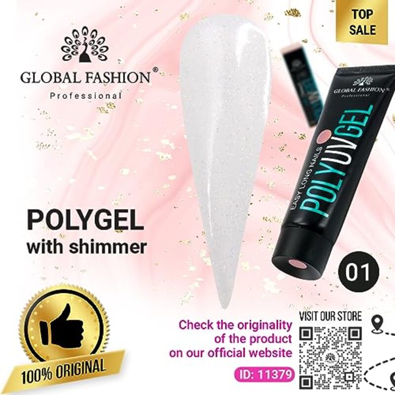Global Fashion Professional Poly UV Gel with Shimmer, 01, White