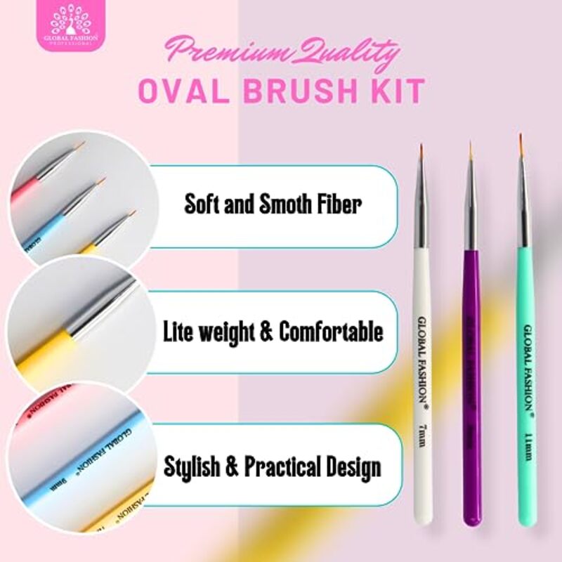 Global Fashion Professional Oval Nail Art Brush Kit, 3 Pieces, Multicolour