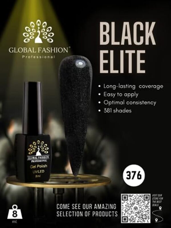 Global Fashion Professional Black Elite Gel Polish, 8ml, 376, Black