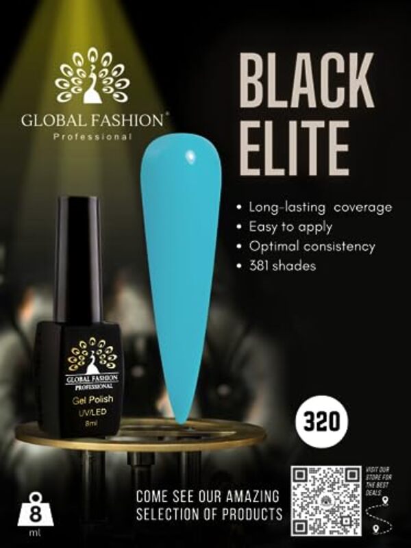 Global Fashion Professional Black Elite Gel Nail Polish, 381 Colors of Long-Lasting Elegance, 8ml, 320, Blue