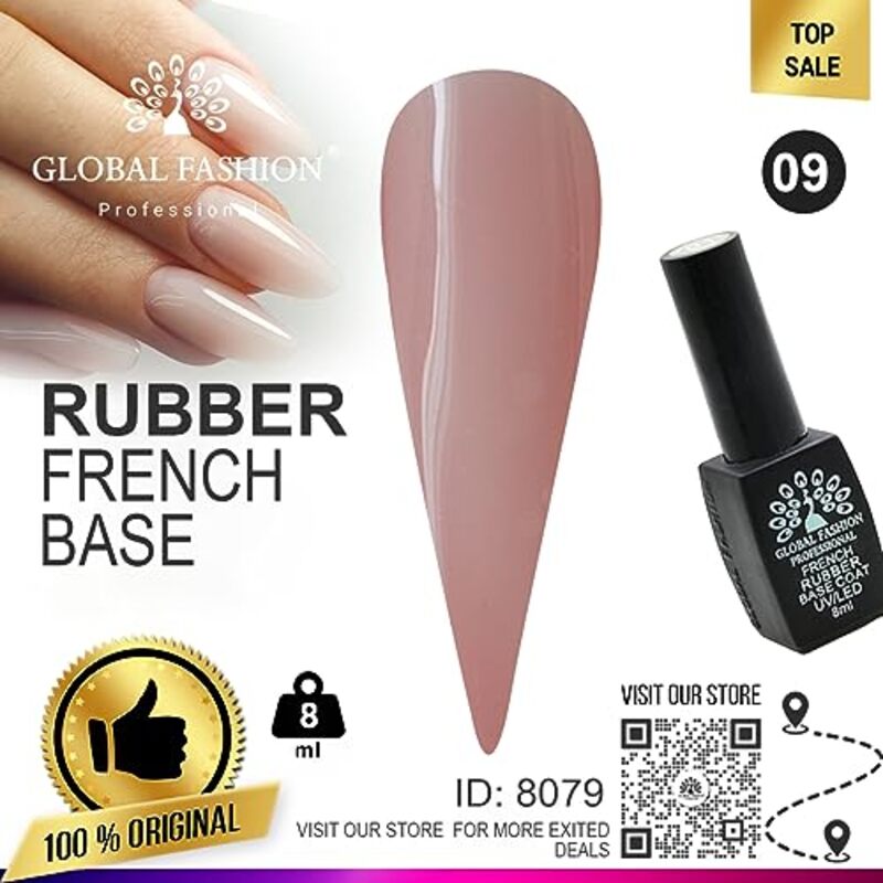 Global Fashion Professional French Rubber Base Coat UV/LED Nail Polish, Long-Lasting & Chip-Resistant, 8ml, 09, Pink