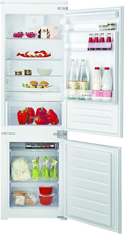 Ariston Built In Refrigerator 258 Liters 2 Doors Fridge With Bottom Freezer & Right Reversible Door Hinge LED Interior Light 7 Segments Electronic Control Made In Italy White BCB7030DEX