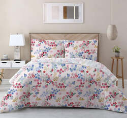 Cotton Home 3-Piece 100% Cotton Sateen 225T Floral Disty Comforter Set, 1 Single Comforter 160x220cm + 2 Pillowcase 50x75+15cm, Red