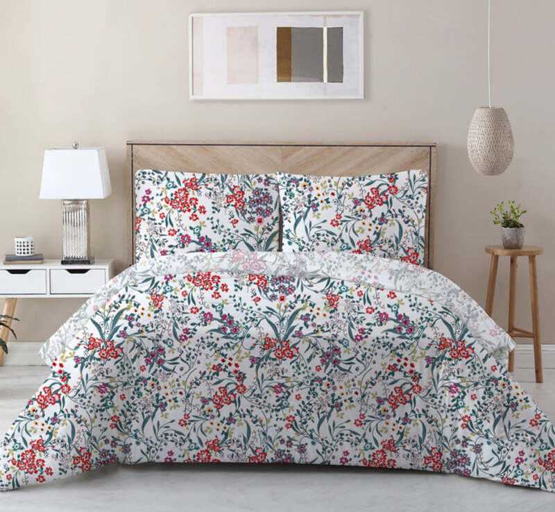 Cotton Home 3-Piece 100% Cotton Sateen 225T Floral Prestine Comforter Set, 1 Queen Comforter 200x240cm + 2 Pillowcase 50x75+15cm, Red