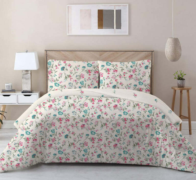 Cotton Home 3-Piece 100% Cotton Sateen 225T Floral Scroll Comforter Set, 1 Single Comforter 160x220cm + 2 Pillowcase 50x75+15cm, Pink