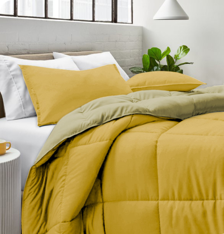 Cotton Home 3-Piece Comforter Set, 1 Reversible Comforter 220 x 240cm + 2 Pillowsham 50 x 75 + 5cm, King, Reverse Mustard/Front Golden