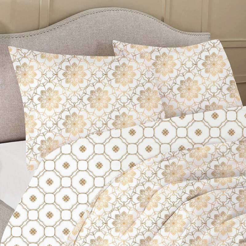 Cotton Home 3-Piece 100% Cotton Sateen 225T Azure Printed Comforter Set, 1 Queen Comforter 200x240 + 2 Pillowcase 50x75+15cm, Gold
