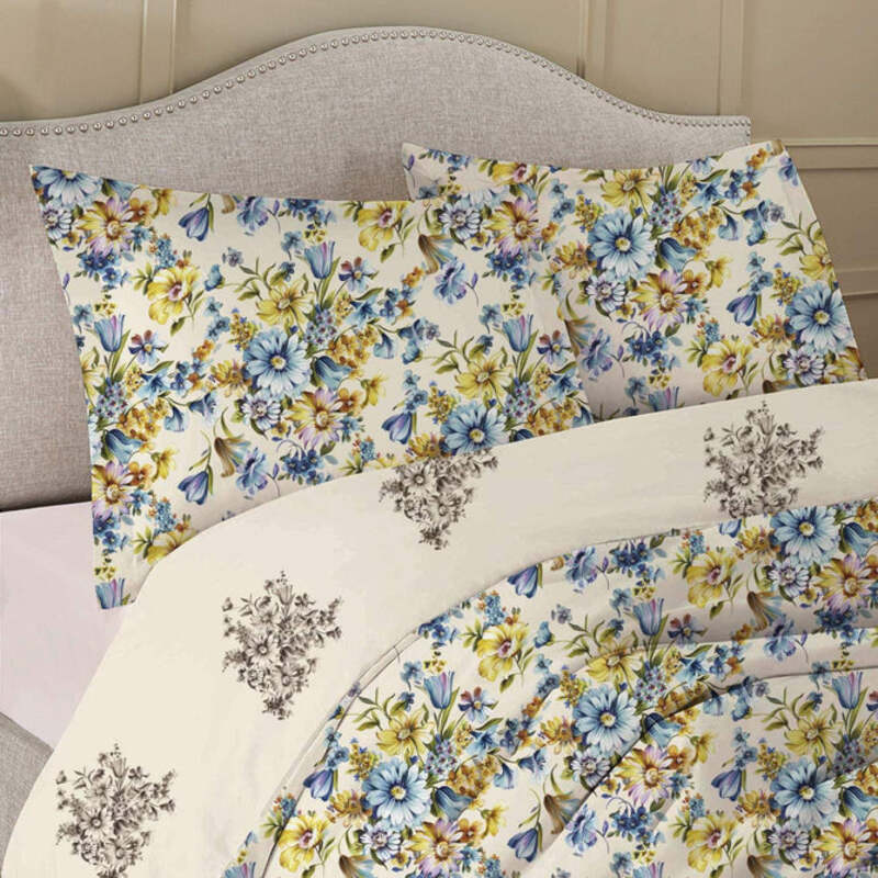 Cotton Home 3-Piece 100% Cotton Sateen 225T Floral Eraya Comforter Set, 1 Queen Comforter 200x240cm + 2 Pillowcase 50x75+15cm, Light Yellow