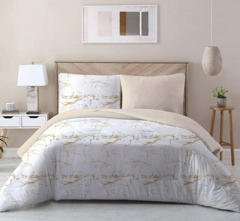 Cotton Home 3-Piece 100% Cotton Sateen 225T Marble Printed Comforter Set, 1 King Comforter 240x260 + 2 Pillowcase 50x75+15cm, Gold