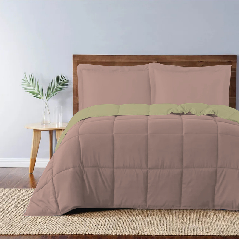 Cotton Home 3-Piece Comforter Set, 1 Reversible Comforter 220 x 240cm + 2 Pillowsham 50 x 75 + 5cm, King, Reverse Mustard/Front Muave