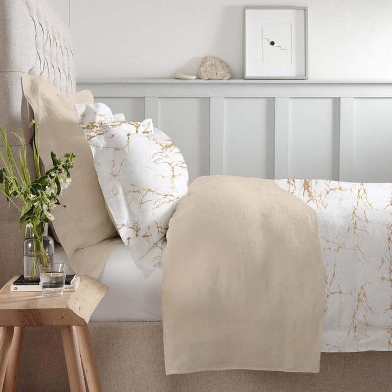 Cotton Home 3-Piece 100% Cotton Sateen 225T Marble Printed Comforter Set, 1 Queen Comforter 200x240 + 2 Pillowcase 50x75+15cm, Gold