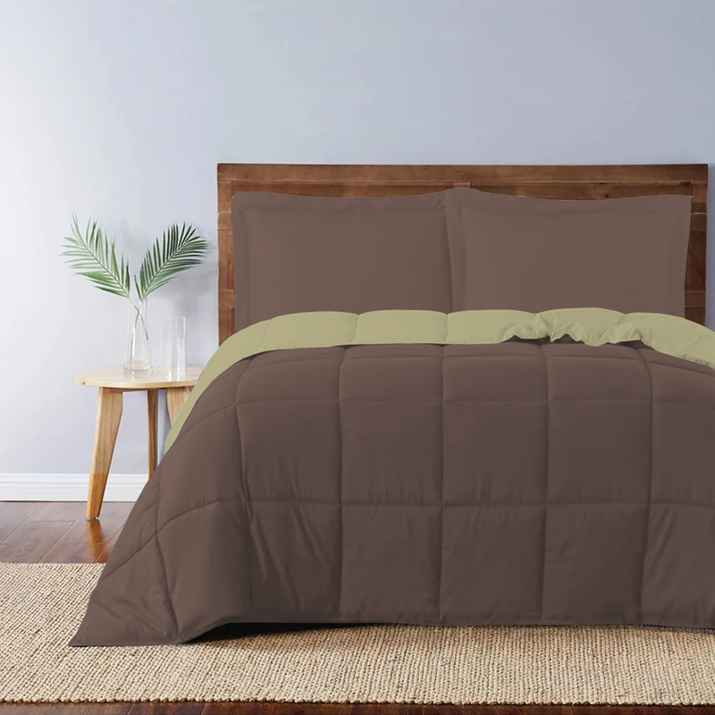 Cotton Home 3-Piece Comforter Set, 1 Reversible Comforter 220 x 240cm + 2 Pillowsham 50 x 75 + 5cm, King, Reverse Mustard/Front Khaki
