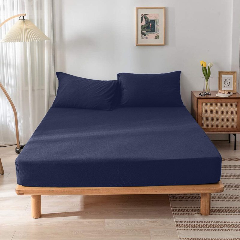 Cotton Home 3-Piece Jersey Fitted Sheet Set, 1 Fitted Sheet 200 x 200 x 30 + 2 Pillow Case 48 x 74 x 12cm, Super King, Navy Blue