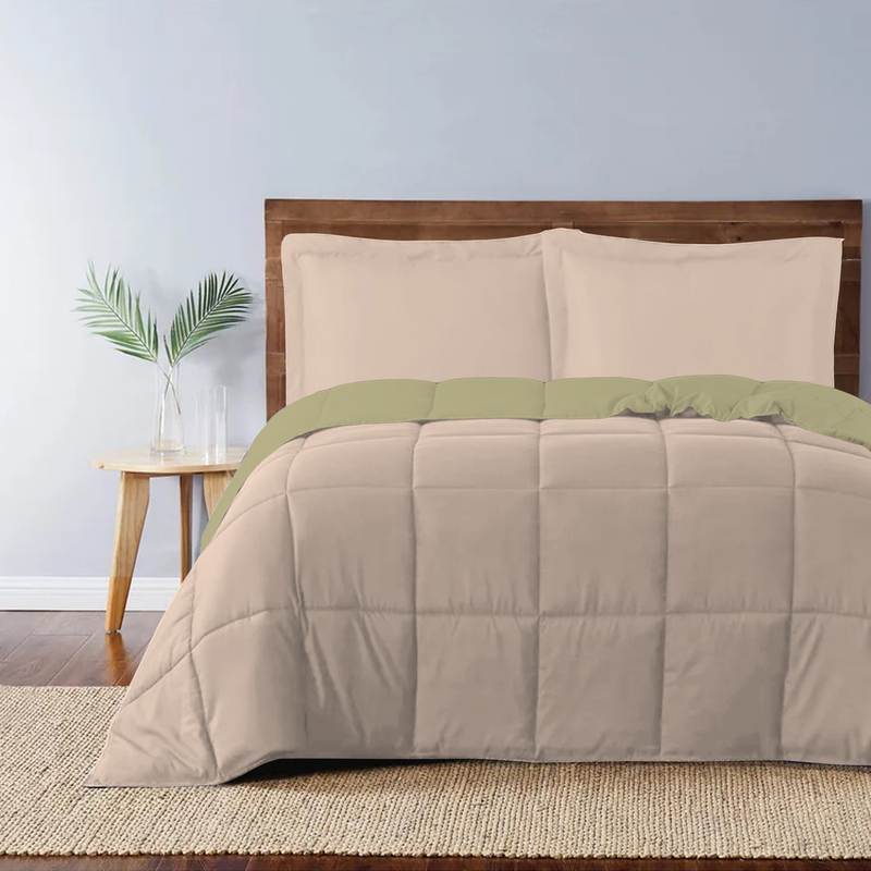 Cotton Home 3-Piece Comforter Set, 1 Reversible Comforter 220 x 240cm + 2 Pillowsham 50 x 75 + 5cm, King, Reverse Mustard/Front Dark Beige