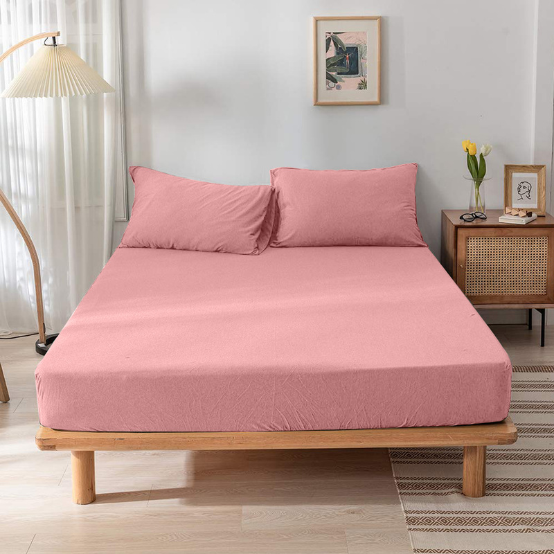 Cotton Home 3-Piece Jersey Fitted Sheet Set, 1 Fitted Sheet 160 x 200 x 30 + 2 Pillow Case 48 x 74 x 12cm, Queen, Pink