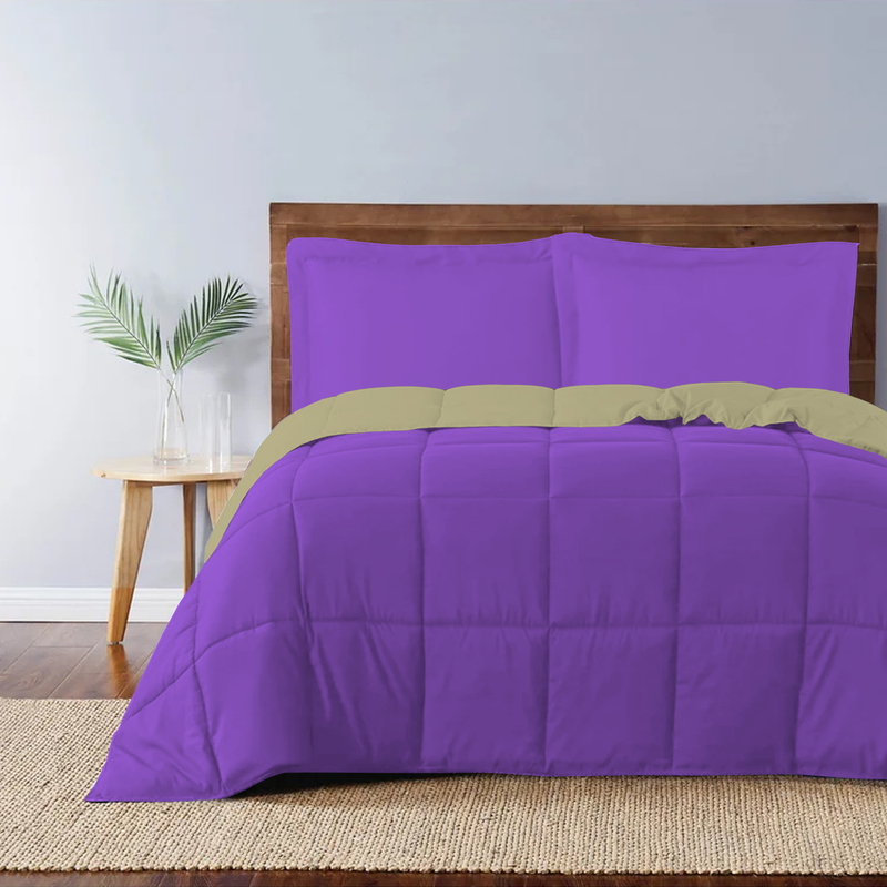 Cotton Home 3-Piece Comforter Set, 1 Reversible Comforter 220 x 240cm + 2 Pillowsham 50 x 75 + 5cm, King, Reverse Mustard/Front Violet