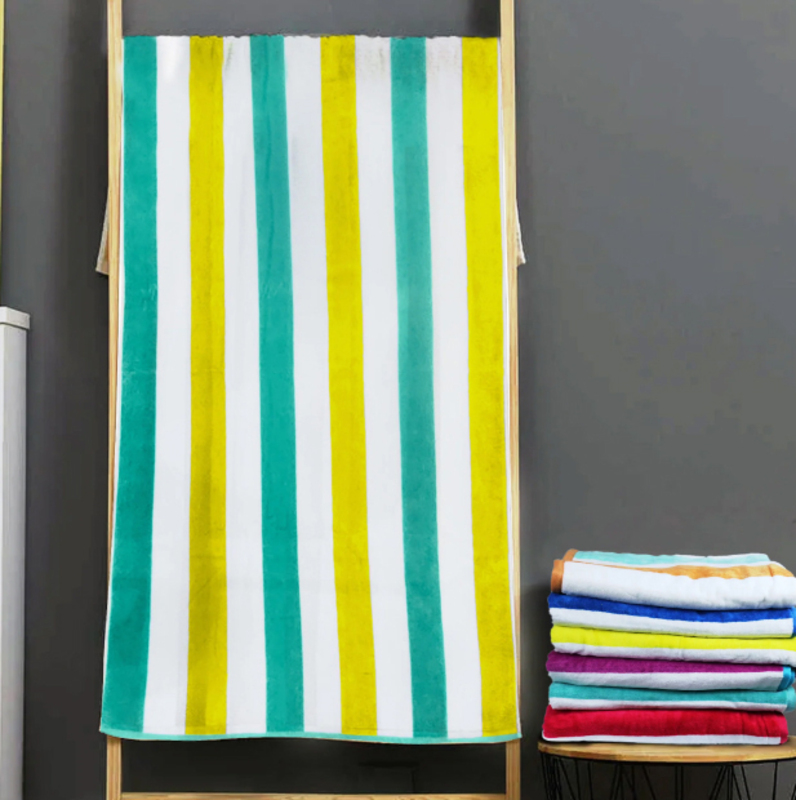 Cotton Home 100% Cotton Multistrip Reversible Wave Pool Towel, 90 x 180cm, Yellow/Dark Mint