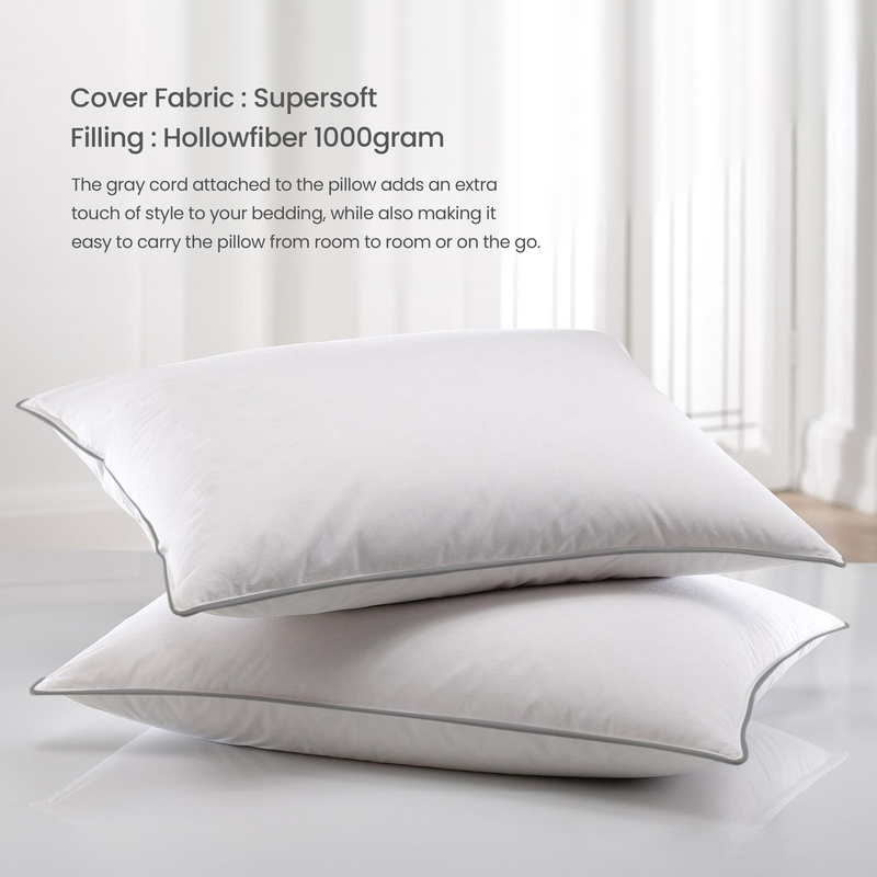 Cotton Home Comfort Pillow with Grey Cord, 50 x 70cm, White