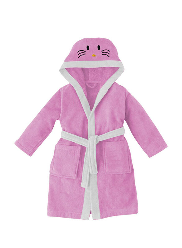 

Cotton Home Kitty Embroidered Bathrobe for Kids with Hood and Tie Up Belight, 12-14 Years, Pink