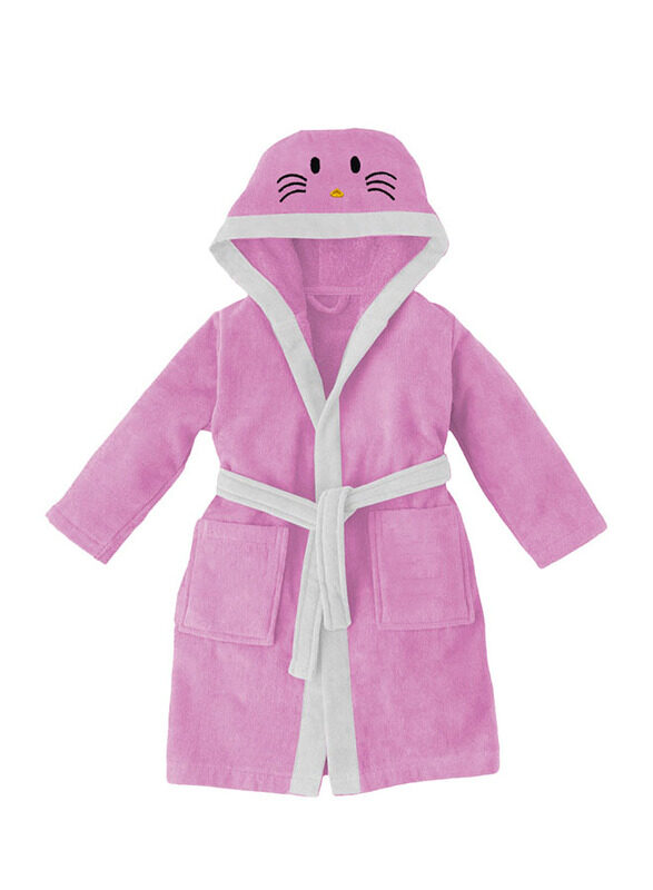 

Cotton Home Kitty Embroidered Bathrobe for Kids with Hood and Tie Up Belight, 8-10 Years, Pink