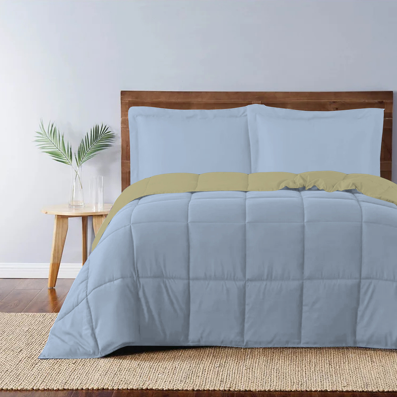 Cotton Home 3-Piece Comforter Set, 1 Reversible Comforter 220 x 240cm + 2 Pillowsham 50 x 75 + 5cm, King, Reverse Mustard/Front Blue