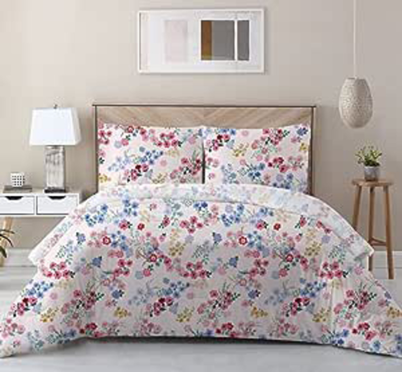 Cotton Home 3-Piece 100% Cotton Sateen 225T Floral Disty Comforter Set, 1 Queen Comforter 200x240cm + 2 Pillowcase 50x75+15cm, Red