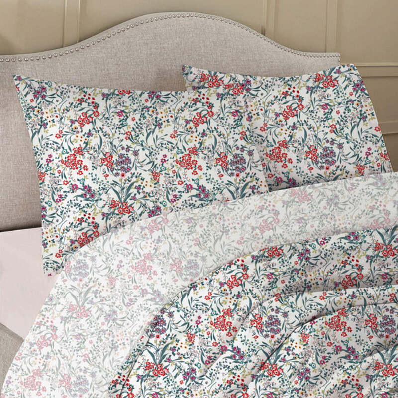 Cotton Home 3-Piece 100% Cotton Sateen 225T Floral Prestine Comforter Set, 1 Single Comforter 160x220cm + 2 Pillowcase 50x75+15cm, Red