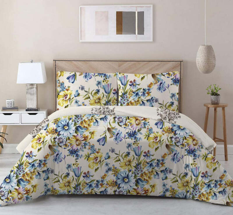 Cotton Home 3-Piece 100% Cotton Sateen 225T Floral Eraya Comforter Set, 1 Single Comforter 160x220cm + 2 Pillowcase 50x75+15cm, Light Yellow