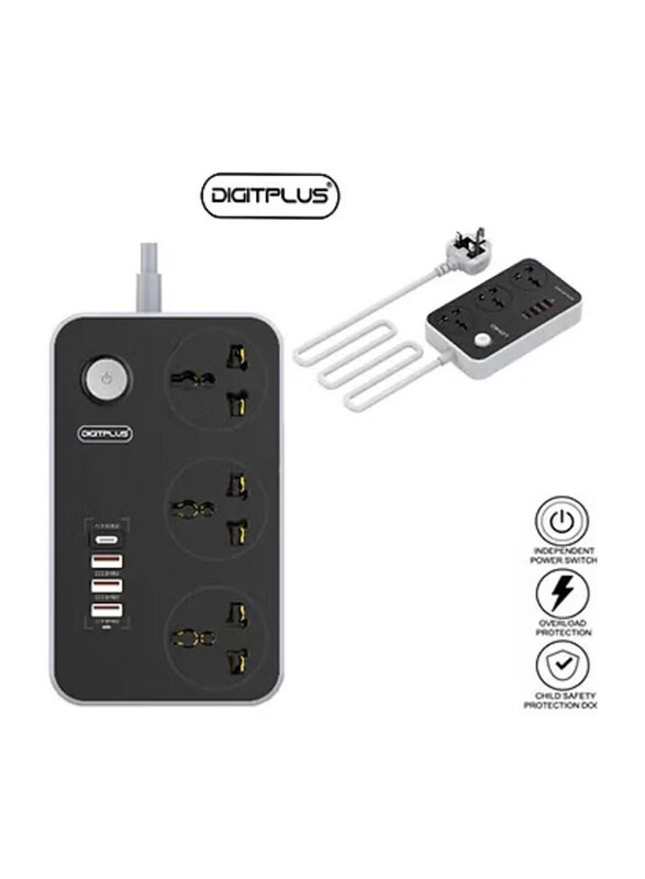 

Digitplus Universal 3 Power Socket, 3 USB Ports, 1 TYPE-C Adapter, Grey