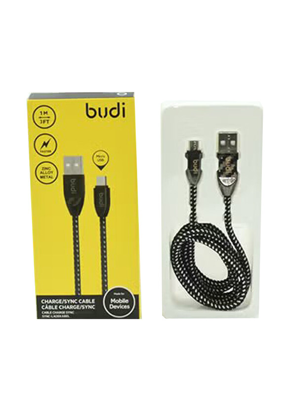 

Budi 1-Meters Micro-B USB Data Sync and Charging Cable, USB Type A to Micro-B USB for Smartphones/Tablets, Black
