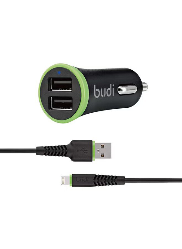 

Budi 2-Port USB Lightning Car Charger, Black/Green