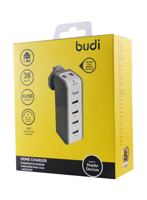 

Budi 6-Port Wall Charger With Roatating Plug, White/Grey