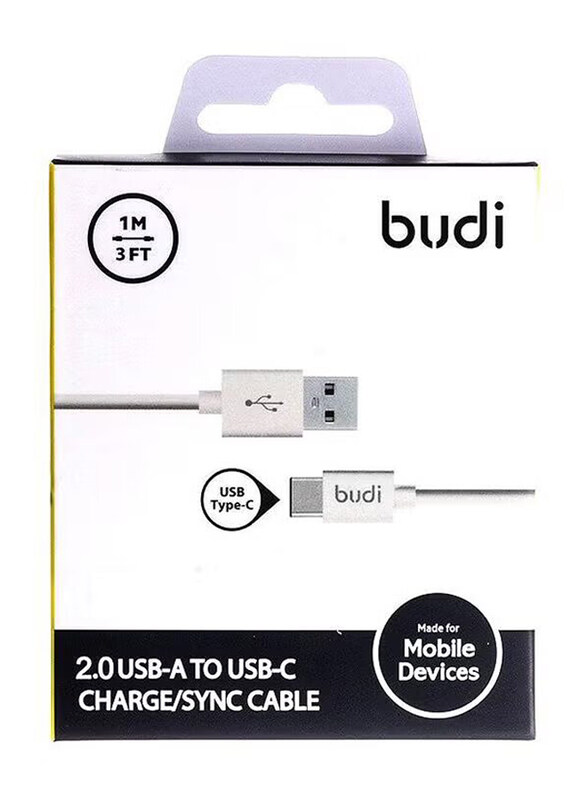 

Budi 1-Meters USB Type-C Data Sync Charging Cable, USB Type A to USB Type-C for Smartphones/Tablets, White/Silver