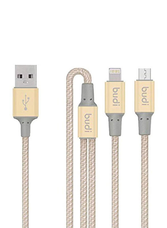 

Budi 1.4-Meters 2-in-1 Multiple Types Data Cable, USB Type A to Multiple Types for Smartphones/Tablets, Beige/Grey