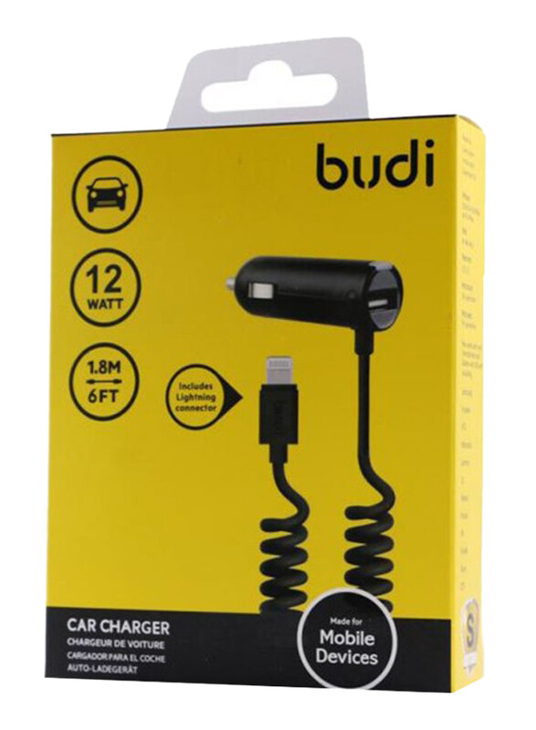 

Budi Car Charger with 1.8 Meter Coiled Lightning USB, Black