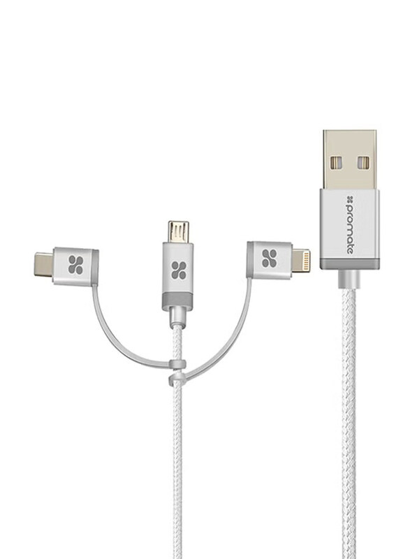 

Promate 1.2-Meter 3-in-1 Micro USB Data Sync Charging Cable, USB Type A to Micro USB, Lightning, USB Type-C for Smartphones/Tables, White